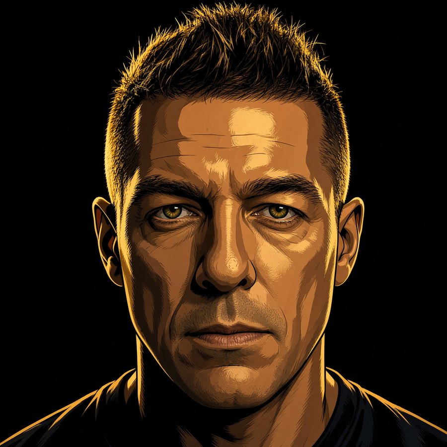 Illustrated portrait of a focused, determined man lit in gold tones